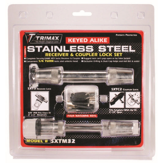 Trimax - Hitch Receiver Lock and Coupler - Stainless Steel - Receiver lock: 5/8" Dia. 2-3/4" Span; Coupler lock: 2 1/2" Span - image 1
