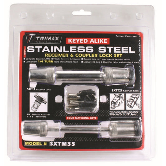 Trimax - Hitch Receiver Lock and Coupler - Stainless Steel - Receiver lock: 5/8" Dia. 2-3/4" Span; Coupler lock: 3 1/2" Span - image 1