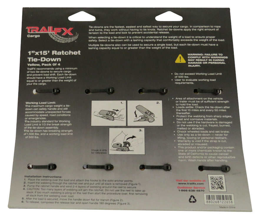 Trail FX - Tie Down Strap - Ratcheting - 1" Wide - 15 ft. - S Hook - A11043Y (4 pack) - image 2