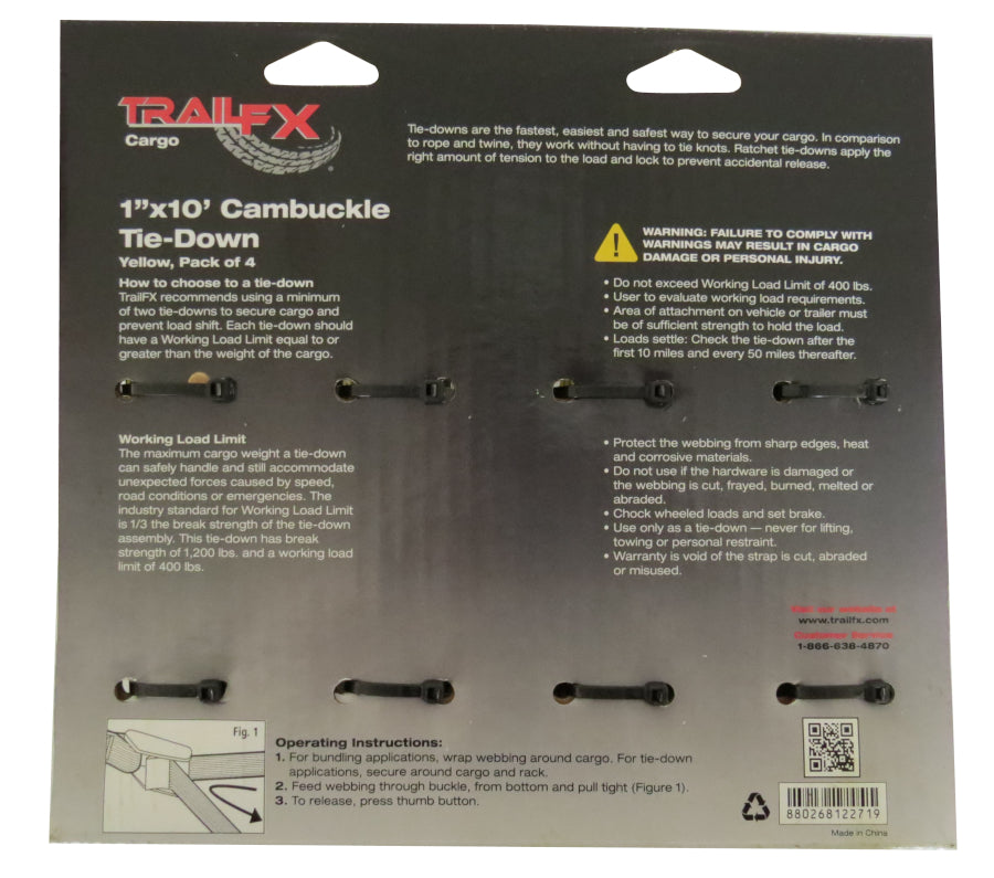 Trail FX - Tie Down Strap - Cam Buckle - 1" Wide - 10 ft. - S Hook - A21023Y (4 pack) - image 2