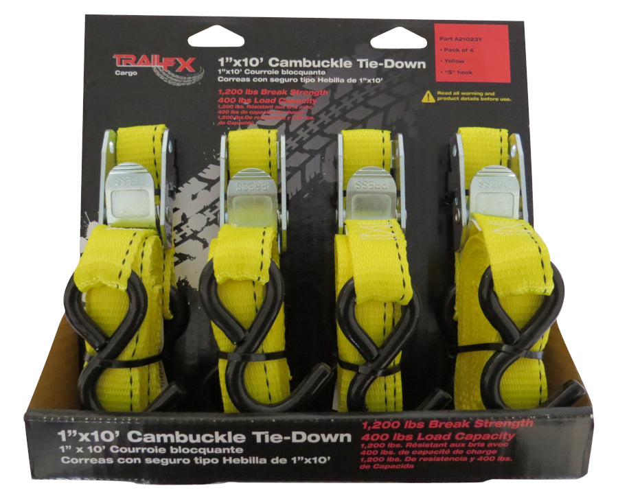Trail FX - Tie Down Strap - Cam Buckle - 1" Wide - 10 ft. - S Hook - A21023Y (4 pack) - image 1